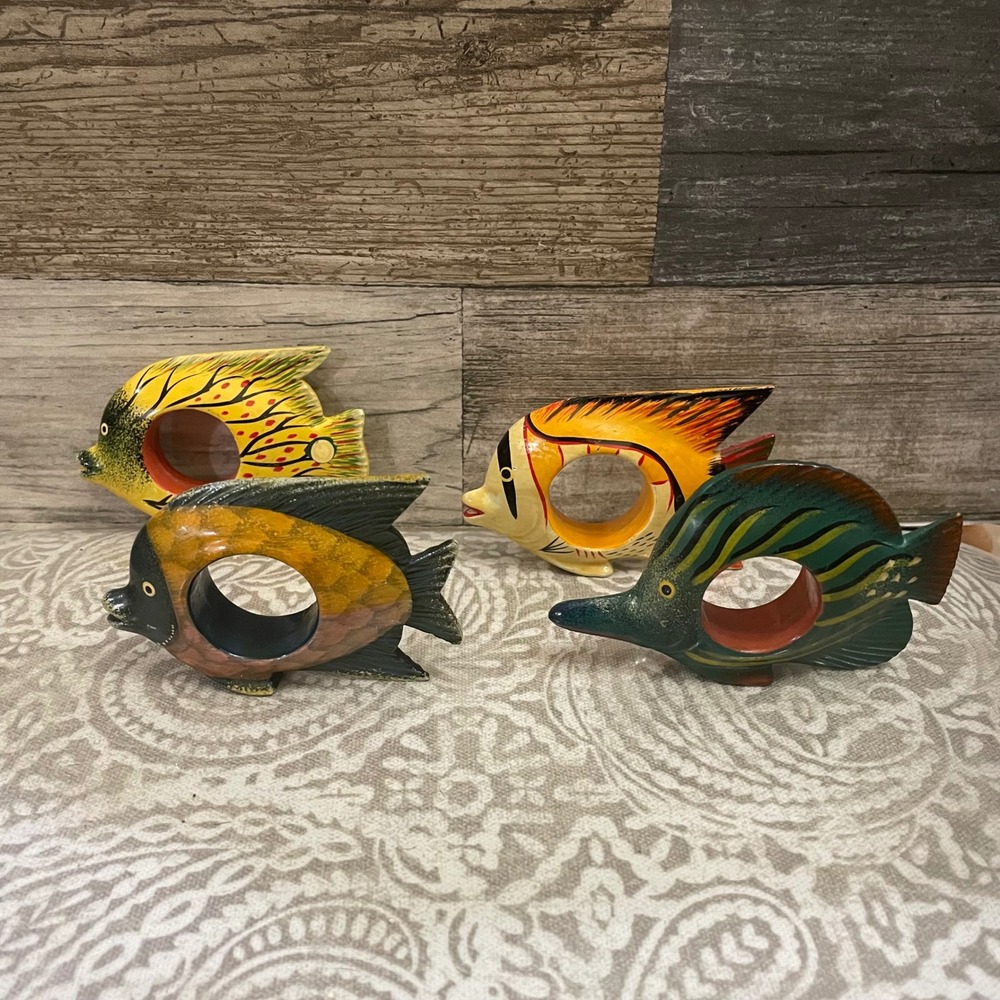 Tropical Fish Napkin Rings Set 4 Hand Painted Colorful Beachy Decor